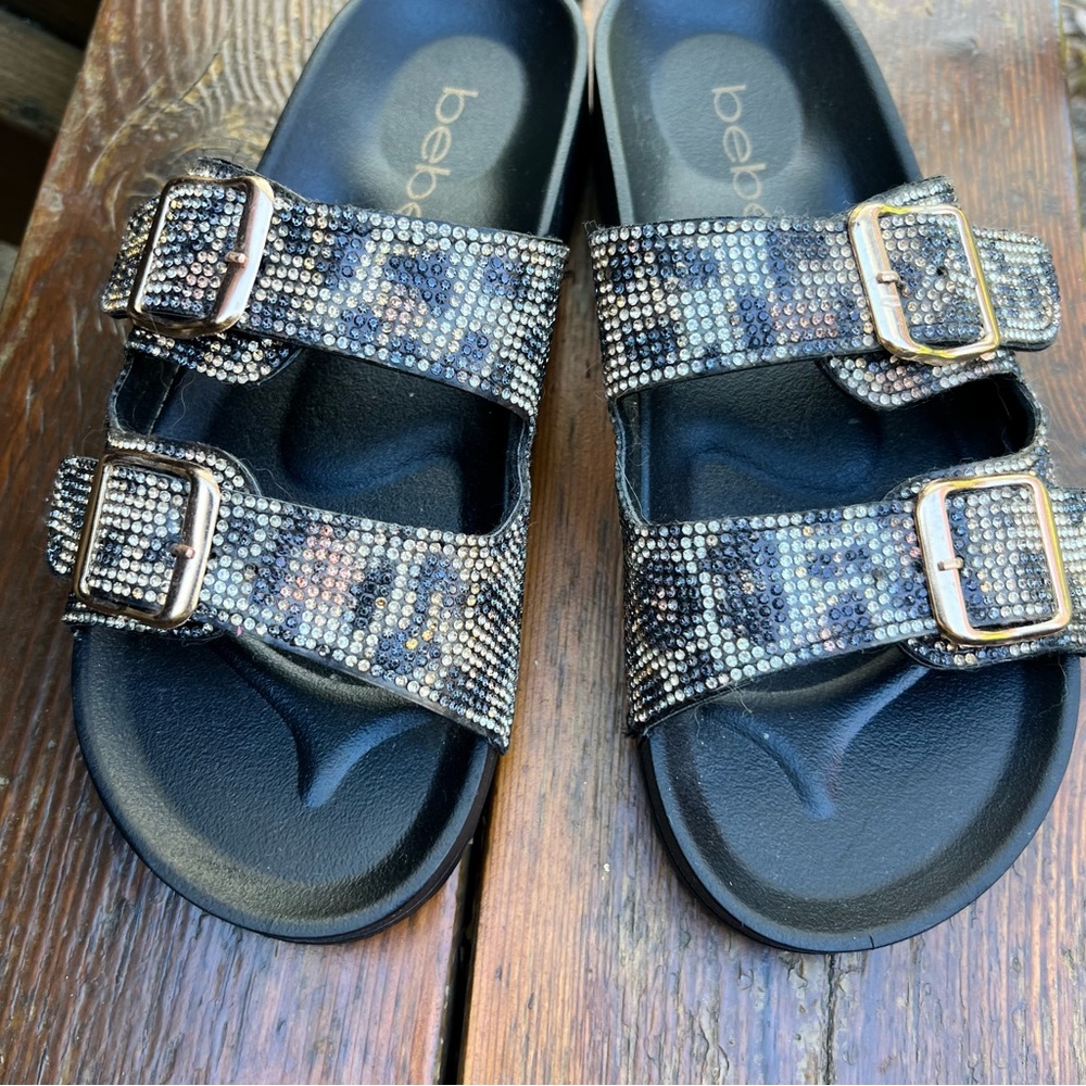 BEBE SPARKLY CHEETAH SLIDES SANDALS  SIZE 37  NEW - Picture 3 of 12